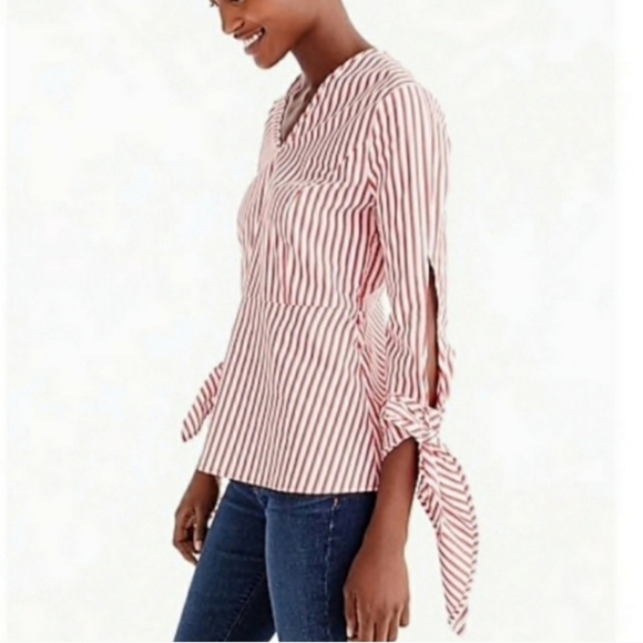 Universal Standard x J Crew Striped Poplin Tie Sleeve Top - Picture 2 of 9